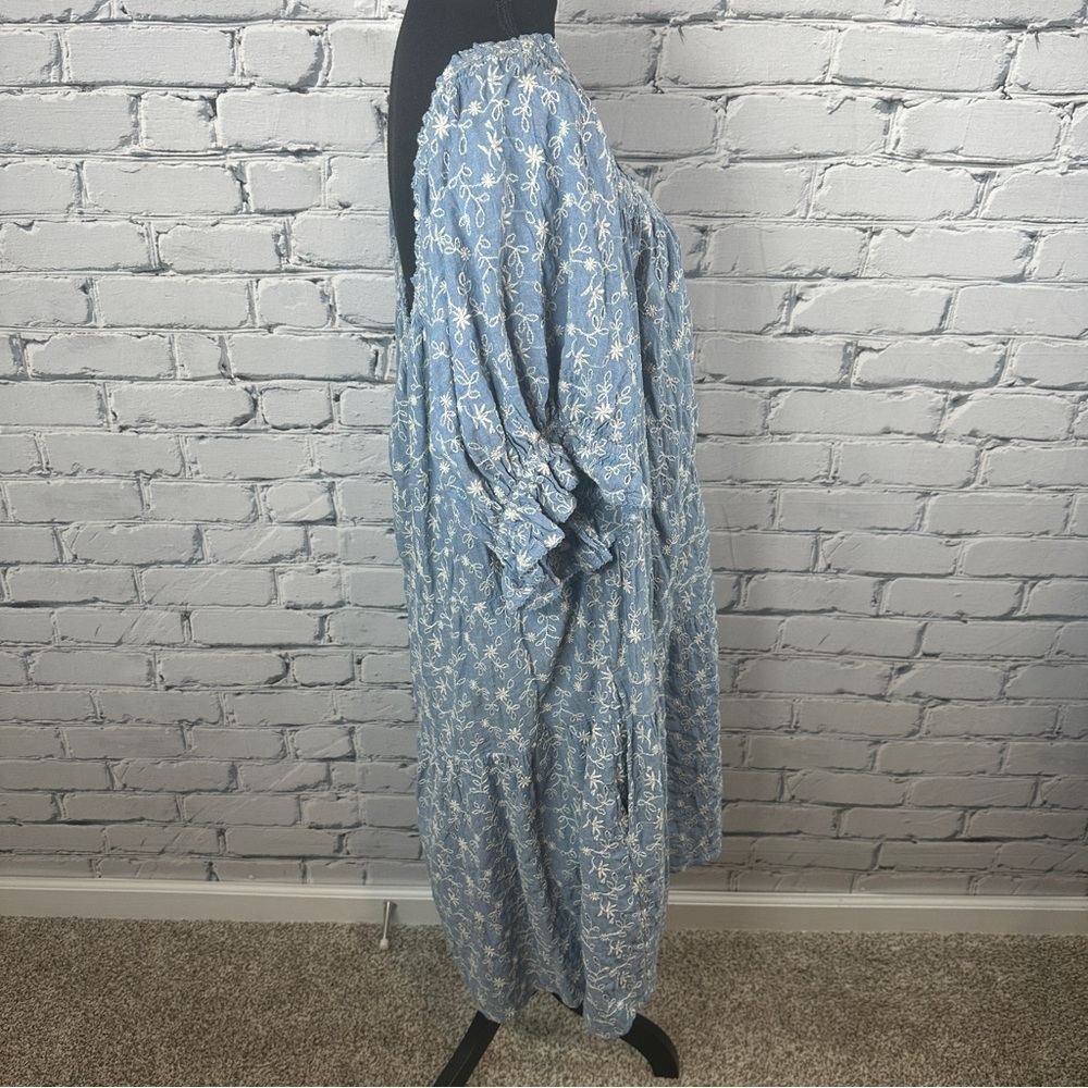 Old Navy Puff-Sleeve Tiered Swing Dress 4x Chambray Embroidered Cottagecore - Picture 4 of 10